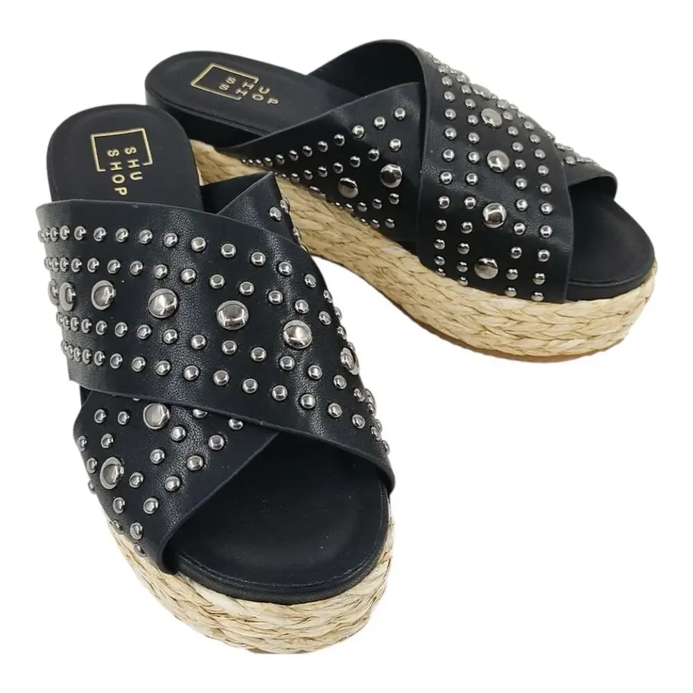 ShuShop Black Studded Platform Espadrille Slide Sandal “KAIA” Women’s Size 11